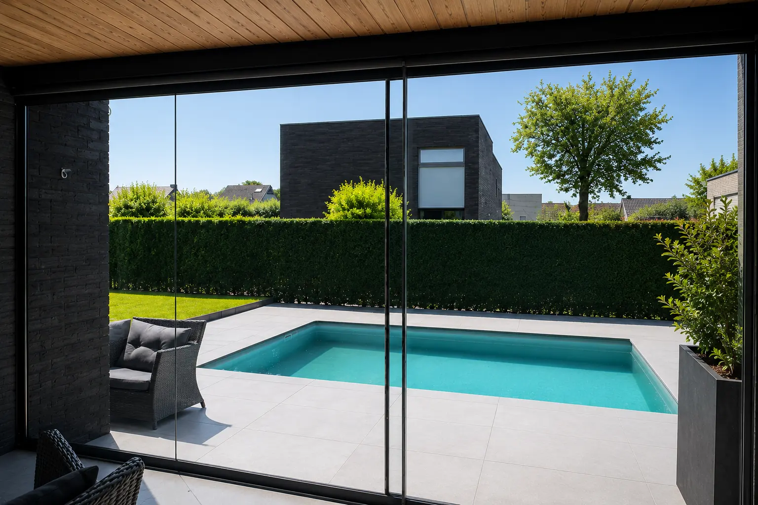 Glazen veranda aan een woning met helder gereinigd glas